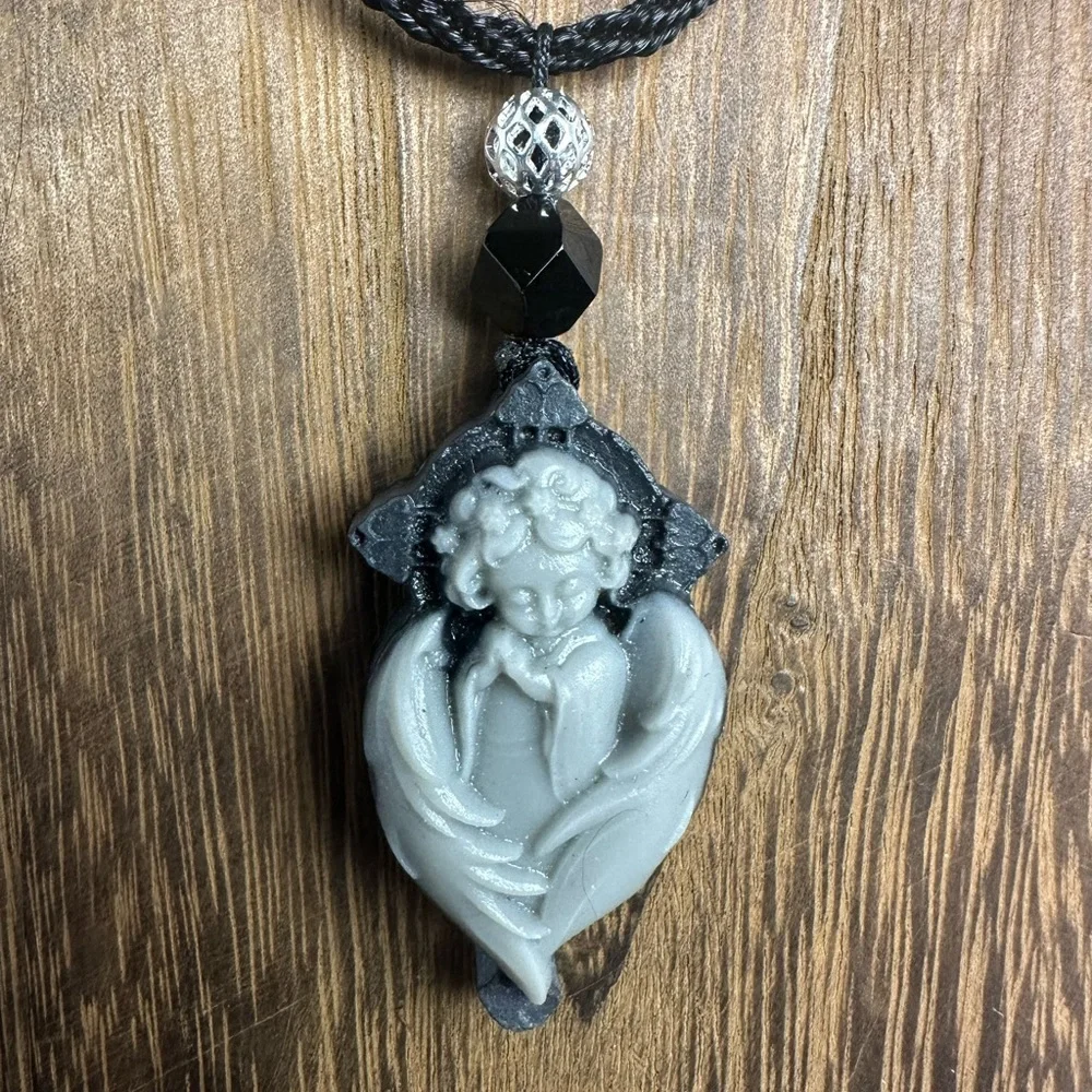 Tai Chi Stone Angel Pendant Necklace on Black Rope